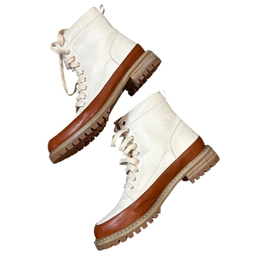 Womens White and Cognac Brown Two Tone Lace Up Lug Sole Combat Boots Size 8